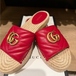 Gucci Red Espadrille Slides with Gold Accents